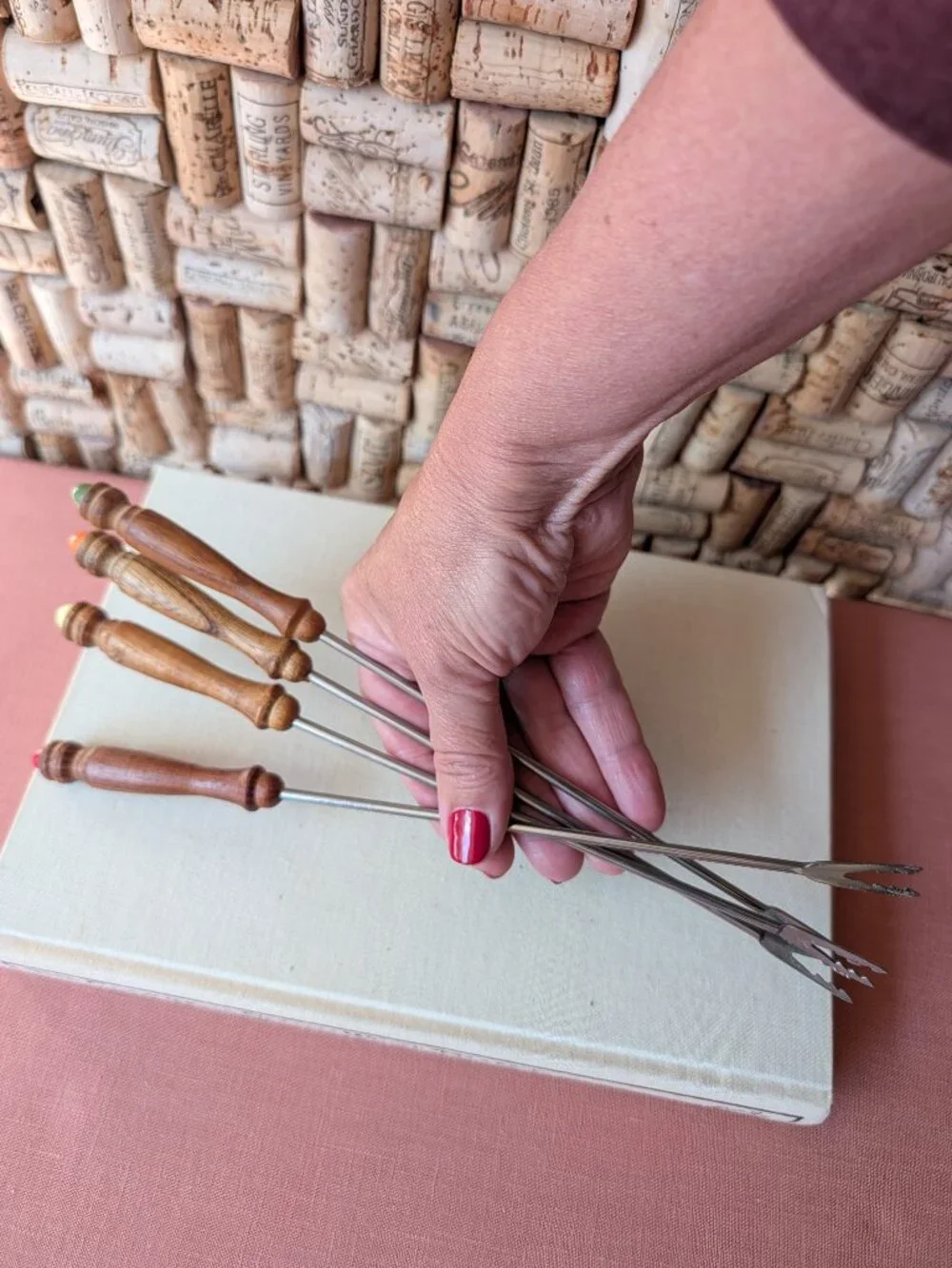 Vintage Fondue Forks Boxed Set – 4 Pc Mid‑Century Stainless Steel & Wood